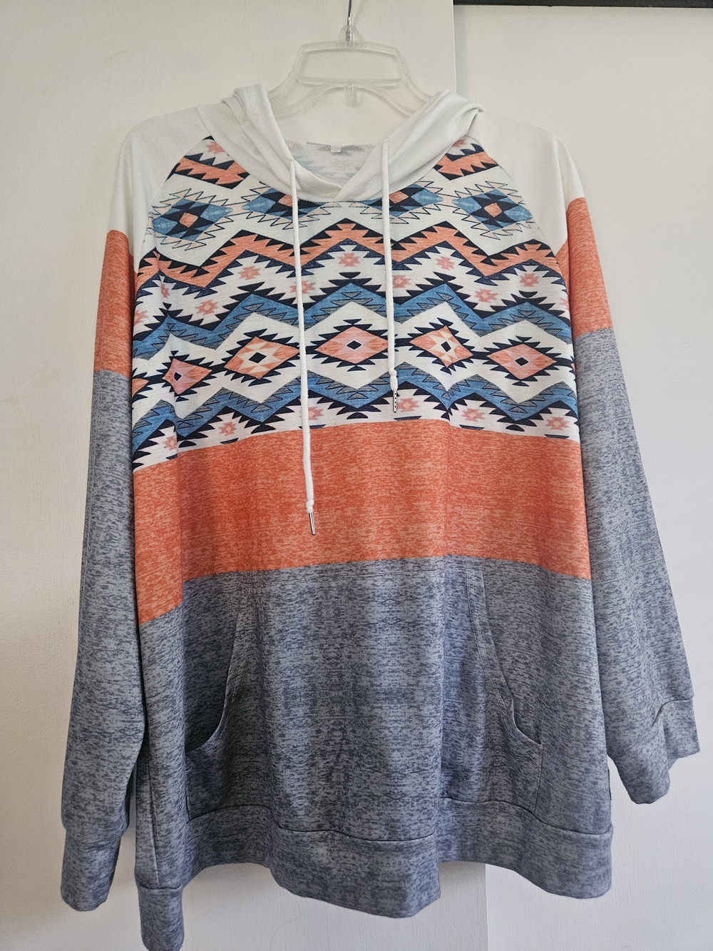 Aztec Stripe Hooded Pullover in Coral, Blue & Gray